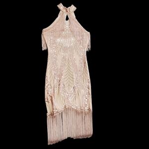 Elegant Sequin Fringe Dress - Cream